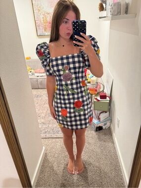 Cara Cara Blue Gingham Puff-Sleeve Floral Mini Dress